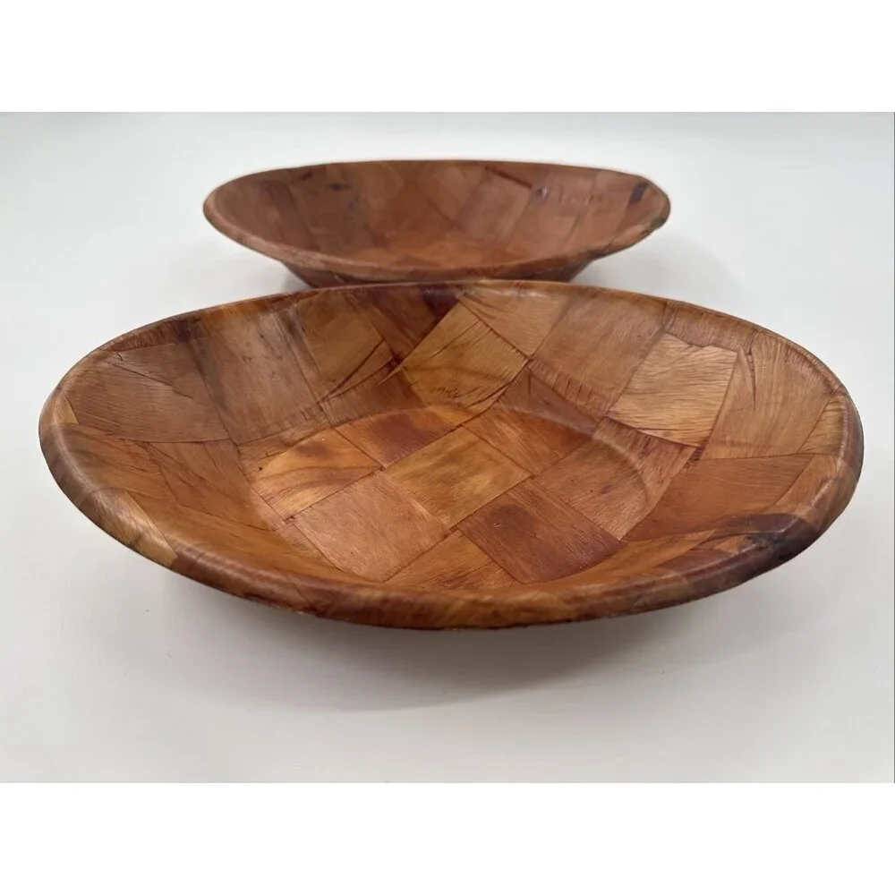 Vintage Parquet Weave Wood Oval Serving Bowls 12